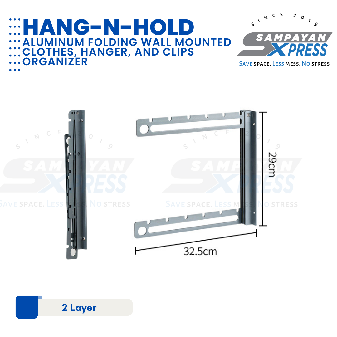 Sampayan Xpress® Hang-n-Hold | Aluminum Folding Wall Mounted Clothes, Hanger, and Clips Organizer