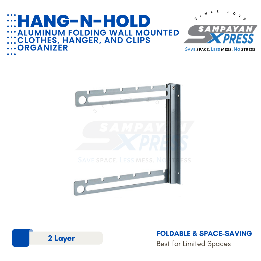 Sampayan Xpress® Hang-n-Hold | Aluminum Folding Wall Mounted Clothes, Hanger, and Clips Organizer