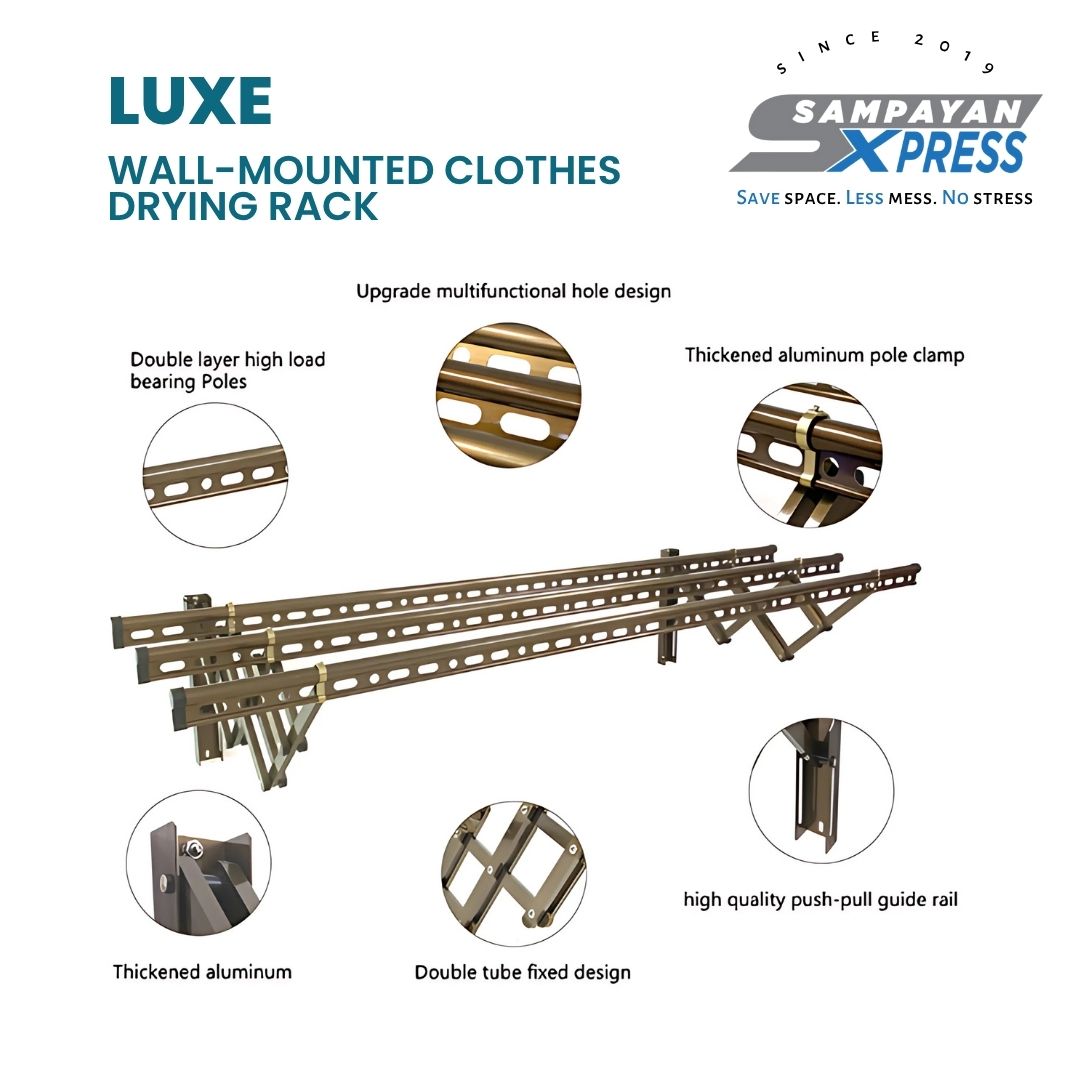 Sampayan Xpress® Luxe Aluminum Wall Mounted Retractable Drying Rack - 4 Pole