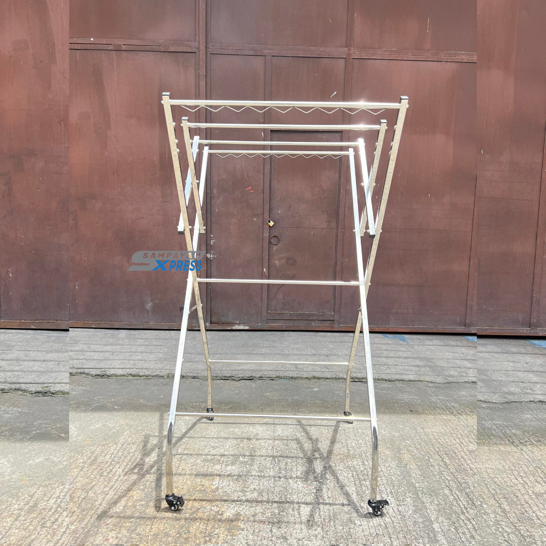Sampayan Xpress® FlexiDry W-Type Stainless Steel Movable Drying Rack with Wheels 4 Bars