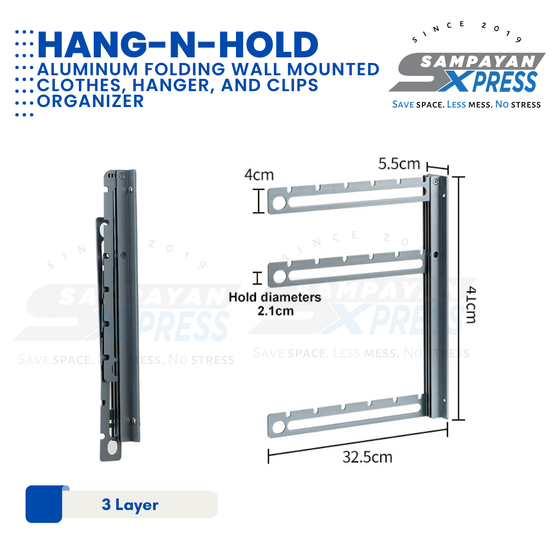 Sampayan Xpress® Hang-n-Hold | Aluminum Folding Wall Mounted Clothes, Hanger, and Clips Organizer