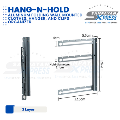 Sampayan Xpress® Hang-n-Hold | Aluminum Folding Wall Mounted Clothes, Hanger, and Clips Organizer