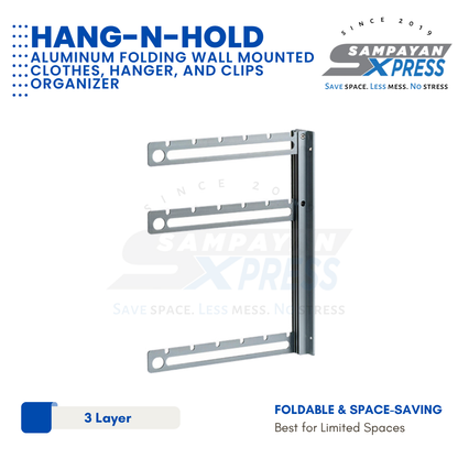 Sampayan Xpress® Hang-n-Hold | Aluminum Folding Wall Mounted Clothes, Hanger, and Clips Organizer