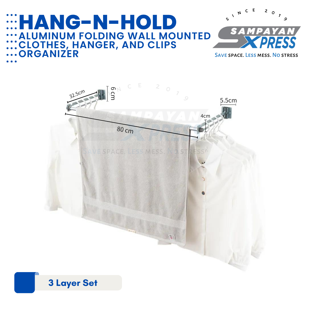 Sampayan Xpress® Hang-n-Hold | Aluminum Folding Wall Mounted Clothes, Hanger, and Clips Organizer
