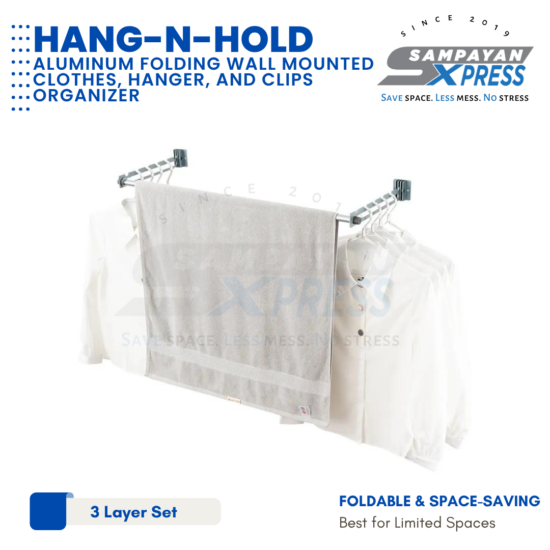 Sampayan Xpress® Hang-n-Hold | Aluminum Folding Wall Mounted Clothes, Hanger, and Clips Organizer