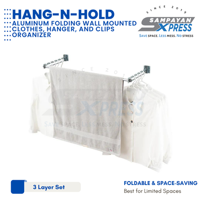 Sampayan Xpress® Hang-n-Hold | Aluminum Folding Wall Mounted Clothes, Hanger, and Clips Organizer