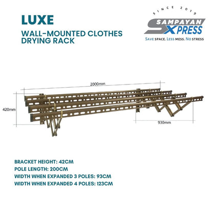 Sampayan Xpress® Luxe Aluminum Wall Mounted Retractable Drying Rack - 4 Pole