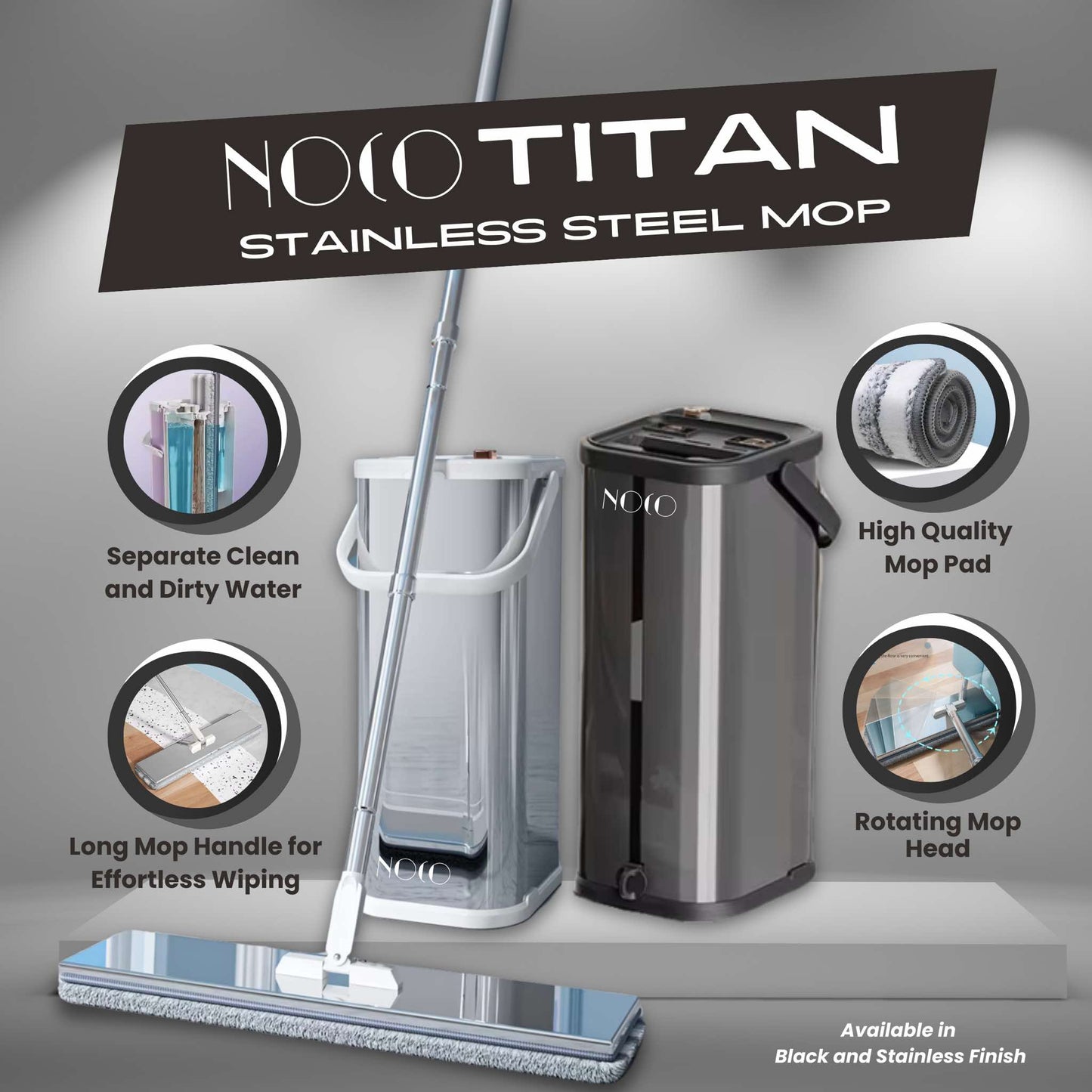 NOCO Titan Stainless Steel Flat Mop - Separate Clean from Dirty Water