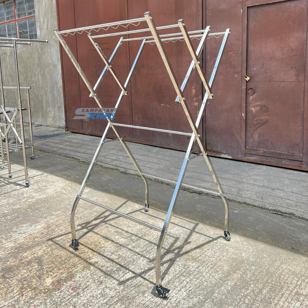 Sampayan Xpress® FlexiDry W-Type Stainless Steel Movable Drying Rack with Wheels 4 Bars