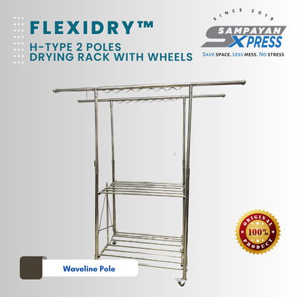 Sampayan Xpress® FlexiDry™ H-Type 2 Poles Stainless Steel Movable Drying Rack with Wheels