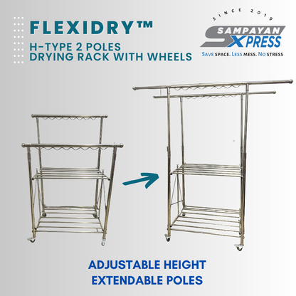 Sampayan Xpress® FlexiDry™ H-Type 2 Poles Stainless Steel Movable Drying Rack with Wheels