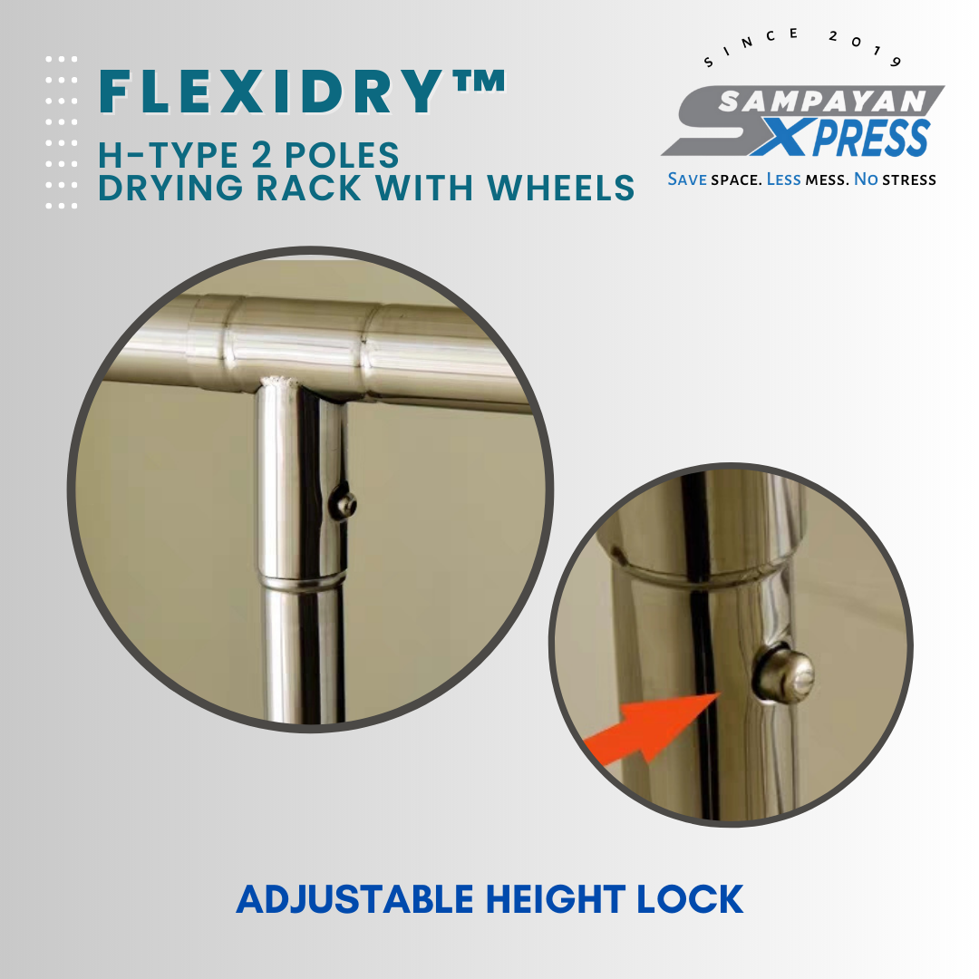 Sampayan Xpress® FlexiDry™ H-Type 2 Poles Stainless Steel Movable Drying Rack with Wheels