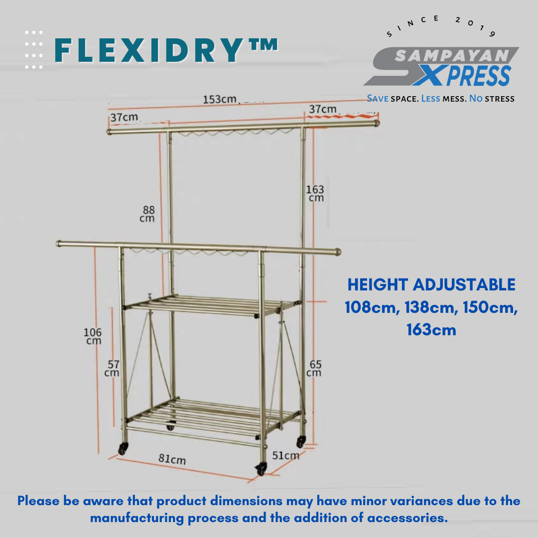Sampayan Xpress® FlexiDry™ H-Type 2 Poles Stainless Steel Movable Drying Rack with Wheels