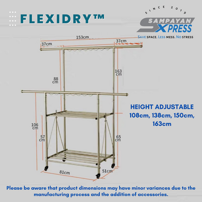Sampayan Xpress® FlexiDry™ H-Type 2 Poles Stainless Steel Movable Drying Rack with Wheels