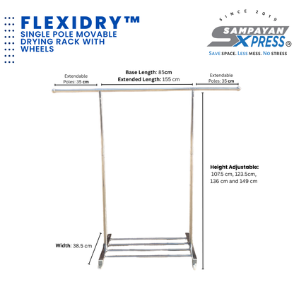 Sampayan Xpress® FlexiDry™ Single Pole Movable Drying Rack with Wheels