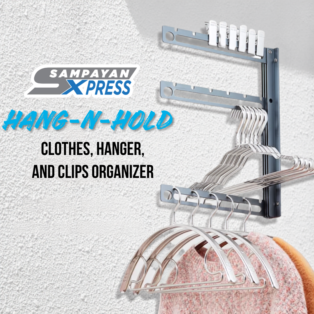 Sampayan Xpress® Hang-n-Hold | Aluminum Folding Wall Mounted Clothes, Hanger, and Clips Organizer
