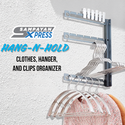 Sampayan Xpress® Hang-n-Hold | Aluminum Folding Wall Mounted Clothes, Hanger, and Clips Organizer