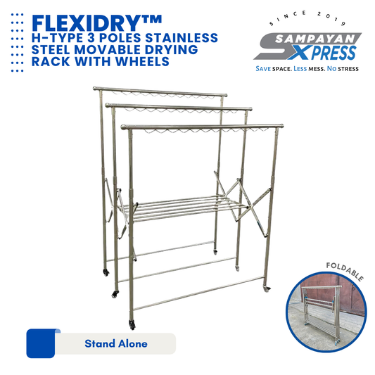 Sampayan Xpress® FlexiDry™ H-Type 3 Poles Stainless Steel Movable Drying Rack with Wheels