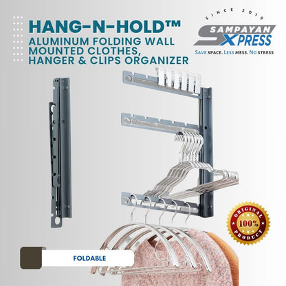 Hang-n-Hold™ Aluminum Folding Wall Mounted Clothes, Hanger, and Clips Organizer