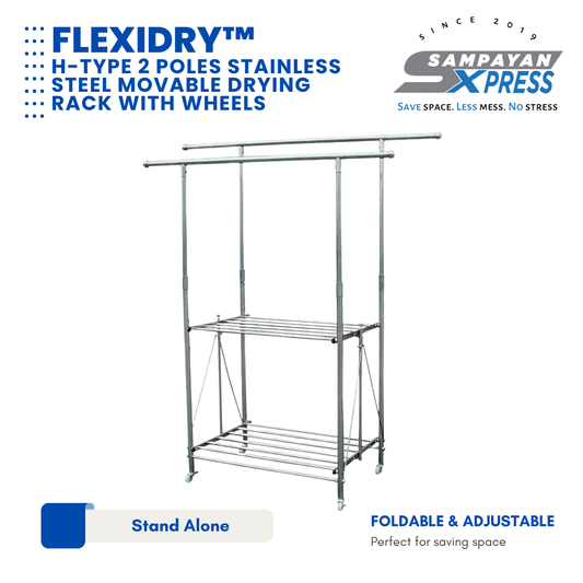 Sampayan Xpress® FlexiDry™ H-Type 2 Poles Stainless Steel Movable Drying Rack with Wheels