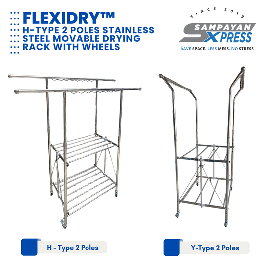 Sampayan Xpress® FlexiDry™ H-Type 2 Poles Stainless Steel Movable Drying Rack with Wheels