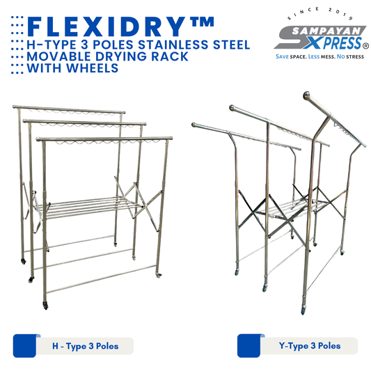 Sampayan Xpress® FlexiDry™ H-Type 3 Poles Stainless Steel Movable Drying Rack with Wheels