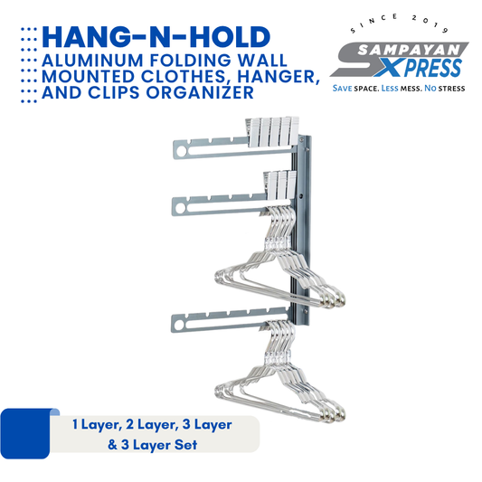 Sampayan Xpress® Hang-n-Hold | Aluminum Folding Wall Mounted Clothes, Hanger, and Clips Organizer