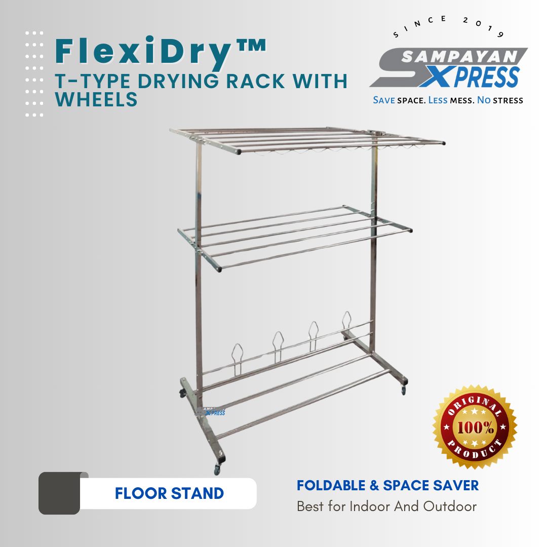 Sampayan Xpress® FlexiDry T-Type Stainless Steel Movable Drying Rack with Wheels