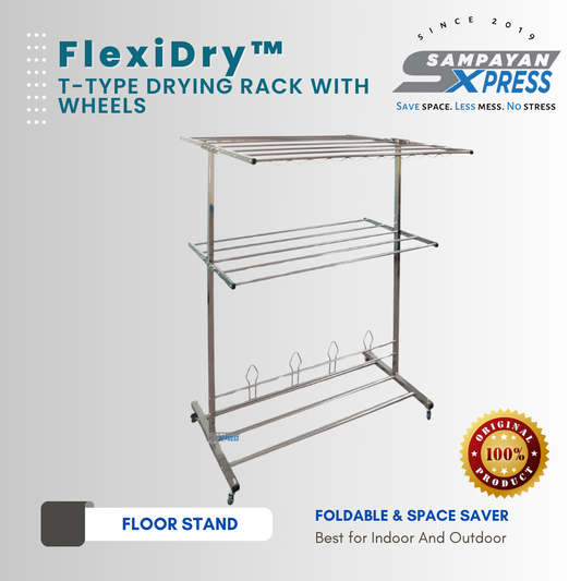 Sampayan Xpress® FlexiDry T-Type Stainless Steel Movable Drying Rack with Wheels