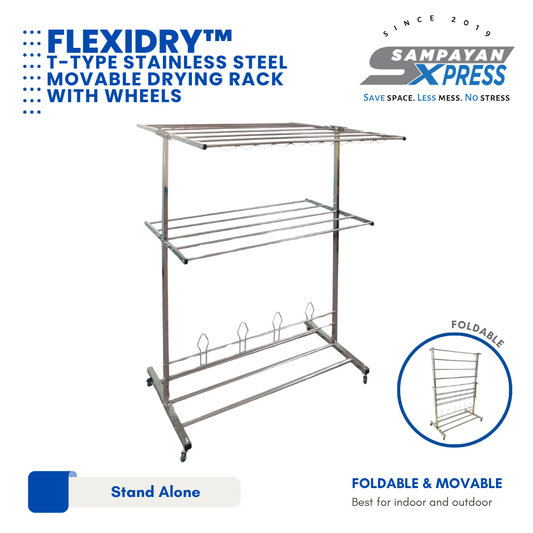Sampayan Xpress® FlexiDry T-Type Stainless Steel Movable Drying Rack with Wheels