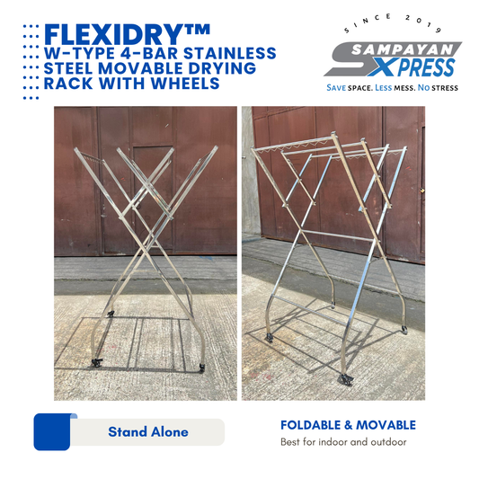 Sampayan Xpress® FlexiDry W-Type Stainless Steel Movable Drying Rack with Wheels 4 Bars