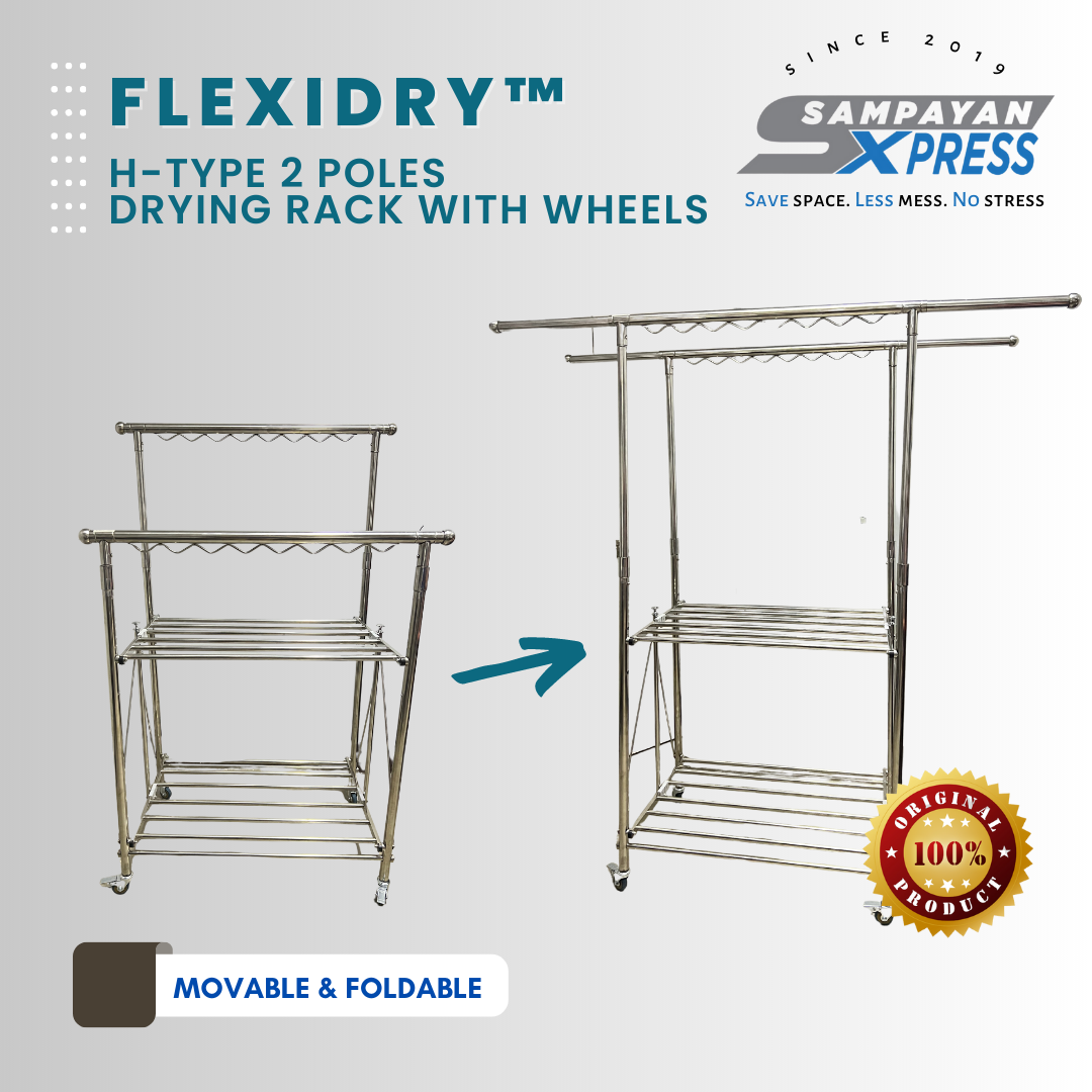 Sampayan Xpress® FlexiDry™ H-Type 2 Poles Stainless Steel Movable Drying Rack with Wheels